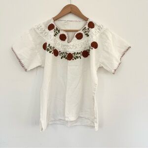 Mexican Embroidered White Blouse with Brown Floral Design 100% Cotton Ethnic M/L